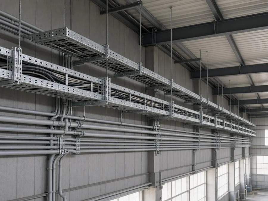 Eletrocalhas e eletrodutos em galpão industrial