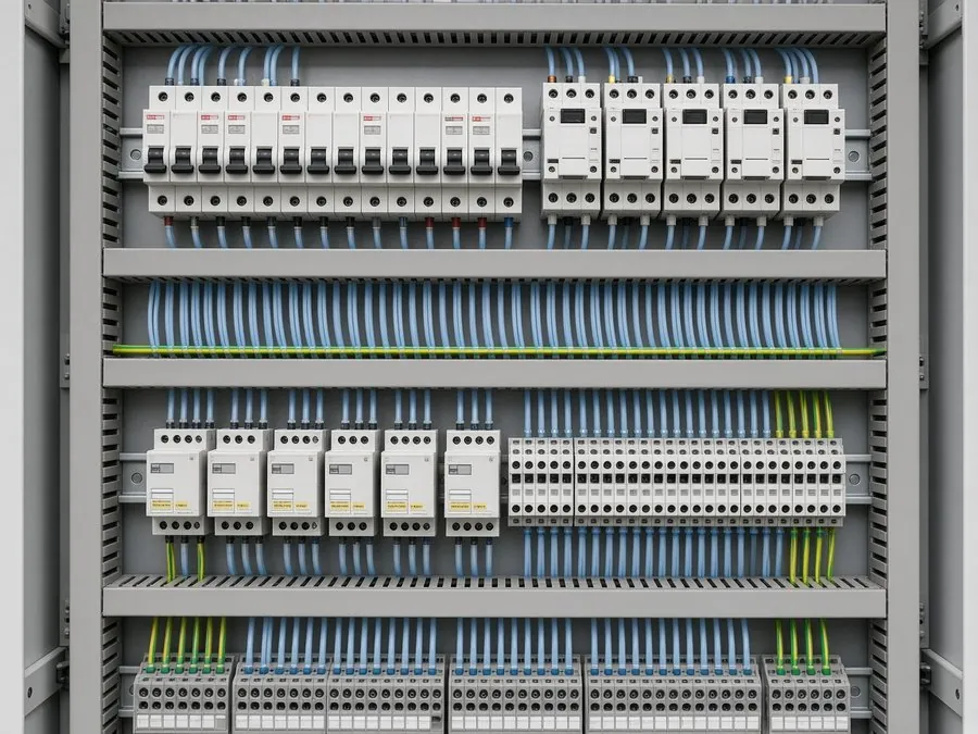 Painel de comando com disjuntores, contatores e bornes