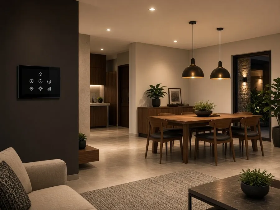 Sala com painel de automação residencial na parede