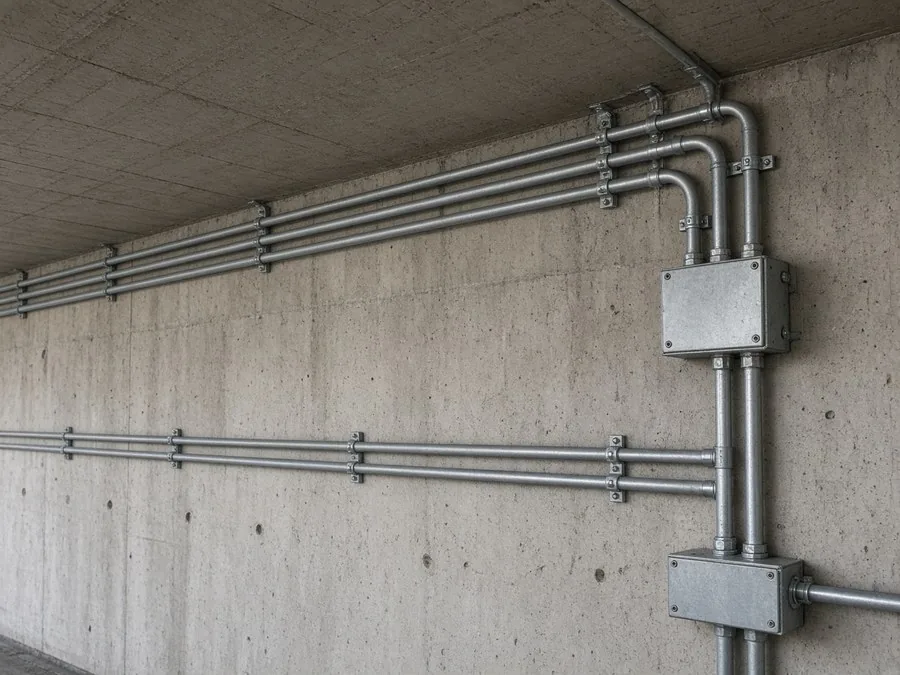 Eletrodutos e caixas de passagem metálicas em parede de concreto