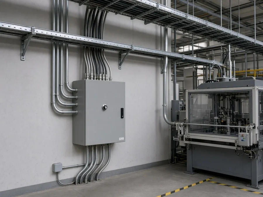Painel e eletrodutos alimentando máquina em área industrial