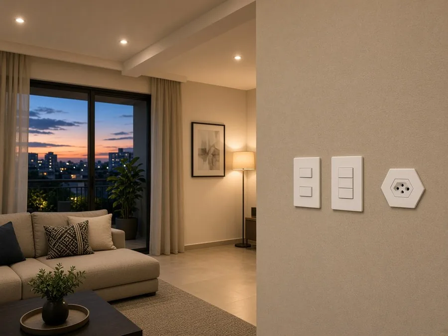 Sala residencial com iluminação embutida, interruptores e tomada padrão brasileiro
