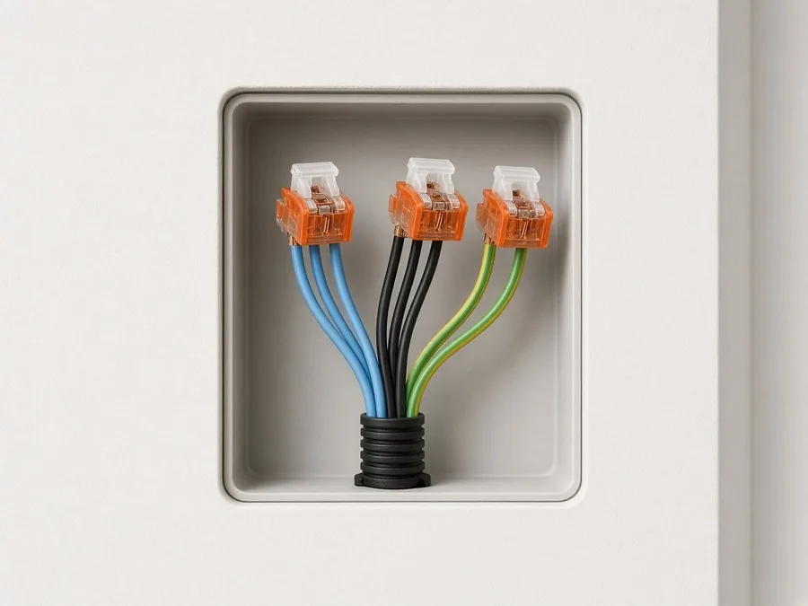 Caixa na parede com fios organizados e conectores